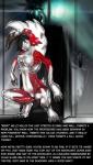 anthro bound croft crouching digitigrade encasement english_text female full_moon green_eyes greeting hair hair_over_eye hi_res inside latex moon multicolored_body multicolored_skin one_eye_obstructed red_body red_skin solo text two_tone_body two_tone_skin unknown_species white_body white_skin
