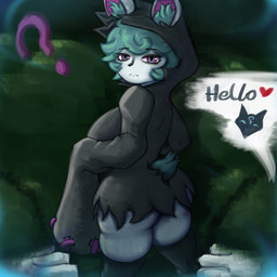 anthro big_breasts big_butt bottomless breasts butt clothed clothing dialogue duo ear_tuft female first_person_view fur green_hair green_tail grey_body grey_fur hair heart_symbol hoodie huge_breasts legwear long_sleeves looking_at_viewer looking_back looking_back_at_viewer multicolored_eyes plant purple_eyes question_mark rear_view short_hair shortstack shrub small_tail solo_focus speech_bubble stockings tail thick_thighs thigh_highs topwear tuft white_body white_fur fremy league_of_legends riot_games tencent kindred_(lol) lamb_(lol) vex_(lol) mammal yordle 1:1 absurd_res hi_res