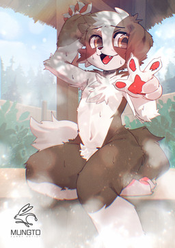 5_fingers anthro blush bodily_fluids brown_body brown_eyes brown_fur chest_tuft claws cute_fangs fangs featureless_crotch feet finger_claws fingers floppy_ears fluffy fur gesture hair hand_gesture hot_spring kemono looking_at_viewer male male_anthro navel nude open_mouth pawpads paws sitting solo steam sweat sweatdrop tail teeth text toe_claws toes tongue tuft v_sign water white_body white_fur young young_anthro young_male mungto canid canine canis domestic_dog mammal 2025 absurd_res digital_media_(artwork) english_text hi_res