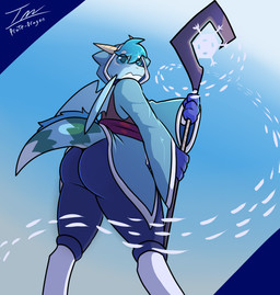 anthro big_butt blue_body blue_eyes butt cloak clothing elemental_manipulation ice_mage ice_manipulation male short_tail solo staff tail prate-dragon mythology huff_(prate) dragon mythological_creature mythological_scalie scalie hi_res