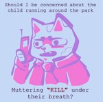 anthro blue_background blue_body blue_ears blue_fur cellphone clothing dialogue electronics fangs female flip_phone fur holding_cellphone holding_object holding_phone humor long_sleeve_shirt long_sleeves looking_away necktie open_mouth phone pink_ears pink_nose purple_eyes question question_mark raised_arm sharp_teeth shirt simple_background slightly_chubby slightly_chubby_female solo standing teeth text toony topwear uniform wide_eyed worried connorquothe lil_gator_game carol_(lil_gator_game) domestic_cat felid feline felis mammal 2023 english_text hi_res portrait sketch