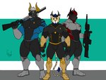 anthro athletic bovid bovine bulge caprine cattle chimera clothing felid feline group hi_res horn hunterramirez male male/male mammal muscular pantherine sheep smile star_trek suit tiger trio ych_(character)