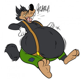 after_vore anthro belly big_belly black_body black_fur burping fangs fur male male_pred open_mouth same_size_vore solo suspenders teeth tongue vore remmyfox jasse_dewoulfe canid canine canis mammal wolf hi_res