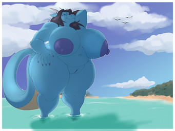 2_horns 5_fingers anthro areola beach belly big_areola big_breasts black_hair blue_areola blue_body blue_eyes blue_nipples border breasts cloud detailed_background eyelashes female fingers genitals hair hand_on_hip hand_on_own_hip horn huge_areola huge_breasts huge_hips huge_thighs humanoid_hands macro navel nipple_dip nipples non-mammal_breasts non-mammal_navel non-mammal_nipples nude nude_anthro nude_female outside overweight overweight_anthro overweight_female partially_submerged sky smile solo tail tan_body thick_tail thick_thighs vulva water white_border wide_hips shelterino mythology haavex ambient_bird dragon mythological_creature mythological_scalie scalie hi_res