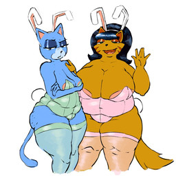 anthro areola areola_slip belly big_areola big_breasts black_hair blue_body blue_fur breast_size_difference breasts brown_body brown_fur bunny_costume butt cellulite cleavage clothed clothing costume crossed_arms cute_fangs duo fake_ears fake_rabbit_ears fake_rabbit_tail fake_tail fangs female frown fur gesture glistening_eyelids green_eyes hair half-closed_eyes hand_on_shoulder huge_breasts legwear leotard lidded_eyes looking_at_viewer love_handles mature_anthro mature_female medium_breasts narrowed_eyes navel_outline open_mouth open_smile overweight overweight_anthro overweight_female simple_background slightly_chubby slightly_chubby_anthro slightly_chubby_female smile standing tail teeth thick_thighs thigh_highs waving waving_at_viewer weight_difference white_background wide_hips dorkass cartoon_network nickelodeon t.u.f.f._puppy the_amazing_world_of_gumball mary_senicourt mrs._katswell domestic_cat felid feline felis mammal 1:1 2023 crossover digital_drawing_(artwork) digital_media_(artwork) hi_res portrait three-quarter_portrait