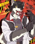 anthro brass_knuckles clothed clothing eye_scar facial_scar gloves handwear kemono male melee_weapon scar sharp_teeth solo teeth weapon dayohiko canid canine canis mammal wolf absurd_res hi_res