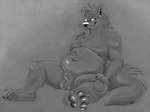 anthro balls belly claws fluffy fluffy_tail genitals male nude pawpads paws penis slightly_chubby slightly_chubby_male smile smirk solo tail tongue tongue_out dodgesthehusky mythology canid canine canis mammal mythological_canine mythological_creature werecanid werecanine werecreature werewolf wolf monochrome