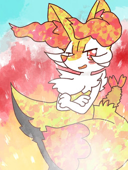 ambiguous_anthro ambiguous_gender anthro biped blush blush_stickers crossed_arms dipstick_tail food leaning leaning_backward looking_at_viewer markings object_in_tail open_mouth shrimp_(food) side_view solo standing tail tail_markings textured wind annyui0611 nintendo pokemon braixen canid generation_6_pokemon mammal pokemon_(species) 2022 3:4 digital_drawing_(artwork) digital_media_(artwork) japanese_description portrait three-quarter_portrait translated_description