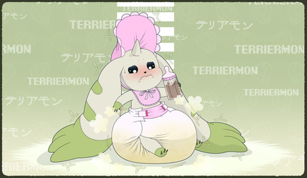 anthro baby_bottle bib big_diaper blush bodily_fluids claws clothed clothing diaper diaper_fetish diaper_only fur genital_fluids green_body green_fur horn huge_diaper hyper_diaper sitting solo sweat sweatdrop text topless unclean_diaper urine used_diaper using_diaper wearing_diaper wet_diaper wetting wetting_diaper white_diaper tenerius bandai_namco digimon digimon_(species) terriermon absurd_res english_text hi_res japanese_text