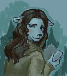 anthro book brown_hair clothing ears_down female fur hair holding_book holding_object long_hair looking_at_viewer open_book pivoted_ears solo sweater topwear white_body white_fur reynard_goodfellow bella_swan hi_res