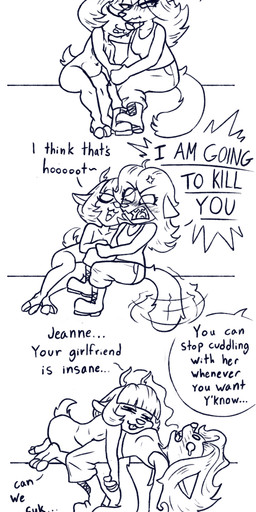 angry anthro antlers biped blush blush_lines boots bottomwear breasts casual_nudity clothed clothed/nude clothing combat_boots constricted_pupils cross-popping_vein dialogue duo eye_through_hair eyebrow_through_hair eyebrows eyelashes eyelashes_through_hair eyes_closed female female/female female_anthro flustered footwear hair hooves horn looking_at_another lying lying_on_another medium_breasts navel nude nuzzling offscreen_character on_front open_mouth pants profanity pupils shirt shoes small_breasts small_pupils tail tail_motion tailwag tank_top text topwear translucent translucent_hair unguligrade yelling_at_another lewdles hunter_(lewdles) kello_(lewdles) deer domestic_cat felid feline felis mammal new_world_deer white-tailed_deer 2025 black_and_white comic english_description english_text hi_res monochrome sketch gynomorph_(lore) nonbinary_(lore) trans_(lore)