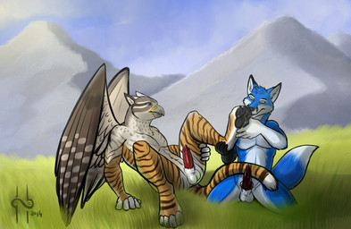 animal_genitalia animal_penis anthro athletic athletic_anthro athletic_male balls beak black_penis blue_body blue_eyes blue_fur blue_sky brown_wings canine_genitalia canine_penis day duo erection feathered_wings feathers fur genitals grey_beak kneeling knot male male_anthro markings mountain nude outside penis red_penis sky striped_arms striped_body striped_fur striped_legs striped_markings striped_tail stripes tail tail_markings white_balls white_body white_fur white_wings wings yellow_body yellow_eyes yellow_fur hufnaar mythology avian canid canine fox gryphon mammal mythological_avian mythological_creature 2014 dated