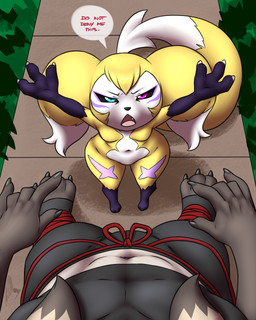 anthro barefoot breasts clothing crop_top cute_fangs dialogue dipstick_ears duo ear_markings fangs featureless_breasts feet female first_person_view forked_tail heterochromia larger_male looking_at_another looking_at_viewer looking_up male male_pov multicolored_ears navel open_mouth outside raised_arms requesting shirt shortstack shortstack_female size_difference small_feet smaller_female speech_bubble standing tail teeth thick_thighs topwear unusual_anatomy unusual_tail uppies wide_hips furball asian_mythology bandai_namco digimon east_asian_mythology japanese_mythology mythology genji renimpmon renimpmon_x canid canine digimon_(species) fox hybrid imp impmon mammal renamon yokai 2023 4:5 hi_res