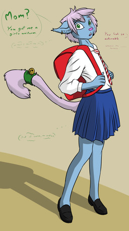anthro backpack bottomwear clothed clothing crossdressing ear_piercing femboy green_eyes hair jewelry male necktie piercing pink_hair school_uniform simple_background skirt solo text uniform young young_anthro annonymouse rosary_bluefur domestic_cat felid feline felis mammal absurd_res english_text hi_res