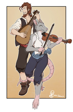 anthro beard biped bowed_string_instrument breasts clothed clothing duo facial_hair female hair human_on_anthro interspecies lute male musical_instrument piercing plucked_string_instrument string_instrument tail tail_around_leg violin vuko-jebina guy_(vuko-jebina) shira_(vuko-jebina) human mammal murid murine rat rodent 2019 absurd_res hi_res