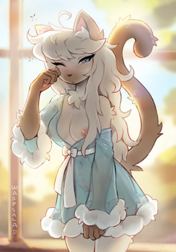 anthro areola arm_tuft backlighting biped black_nose blue_clothing blue_dress blue_eyes blurred_background blush blush_lines blushing_at_viewer breasts brown_arms brown_body brown_countershading brown_ears brown_fur brown_tail brown_tuft chest_tuft clothed clothed_anthro clothed_female clothing countershade_face countershading day dress eyebrow_through_hair eyebrows eyelashes female female_anthro fingers front_view fur fur_trim_(clothing) fur_tuft genitals hair handpaw humanoid_hands inner_ear_fluff iris light long_hair long_tail looking_at_viewer medium_breasts messy_hair monotone_hair monotone_tail mouth_closed multicolored_body multicolored_fur navel nipples off_shoulder one_eye_closed paws pink_inner_ear pupils raised_tail reverse_countershading slit_pupils solo standing sunlight tail text tired translucent translucent_clothing translucent_hair tuft two_tone_body two_tone_fur vulva white_body white_fur white_hair white_inner_ear_fluff white_pupils white_sclera white_text white_tuft waspsalad pearl_(waspsalad) domestic_cat felid feline felis mammal 2026 artist_name digital_drawing_(artwork) digital_media_(artwork) hi_res lighting portrait three-quarter_portrait watermark