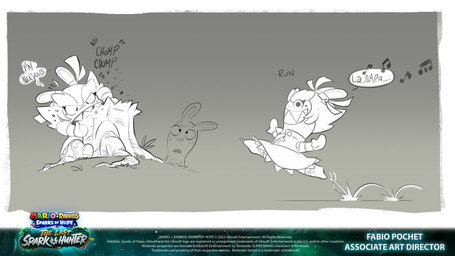 ambiguous_anthro ambiguous_gender anthro bite black_eyes bodily_fluids boots clothed clothed_female clothing copyright_symbol dialogue dress duo ear_ribbon eyebrows eyelashes female female_anthro footwear furrowed_brow furrowed_eyebrows grass hair long_ears looking_at_another markings mitten_hands mole_(marking) motion_lines musical_note musical_symbol nervous nervous_sweat noseless onomatopoeia plant sharp_teeth shirt shoes singing skipping sound_effects speech_bubble stump sweat sweaty_face symbol teeth text thick_eyebrows title toothy_smile topwear white_boots white_clothing white_dress white_eyebrows white_footwear white_hair white_shirt white_topwear white_wristband year fabio_pochet mario_plus_rabbids_sparks_of_hope nintendo raving_rabbids rayman_(series) ubisoft kanya_(mario_plus_rabbids) lagomorph mammal rabbid 16:9 2023 4k absurd_res concept_art crossover digital_drawing_(artwork) digital_media_(artwork) english_description english_text hi_res multiple_images official_art widescreen