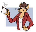 anthro clothed clothing container cup fully_clothed leather leather_clothing male multicolored_body solo steam kingdomblade canid canine fox mammal hi_res