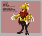 anthro bare_thighs beak blue_eyes breasts cheek_tuft chest_tuft clothing description dipstick_feathers facial_tuft feather_hair feathered_crest feathers feet female head_crest holding_out_hand jacket leg_armor legwear non-mammal_breasts pseudo_hair red_clothing simple_background smile solo standing tail tail_feathers talons text thick_thighs thigh_highs toes topwear tuft underwear winged_arms wings yellow_body yellow_feathers robomax final_fantasy square_enix wednesday_(robomax) avian bird chocobo english_text hi_res model_sheet