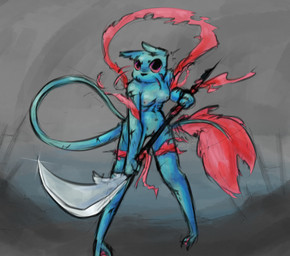 angry anthro blue_body breasts female fighting_pose genitals gills guandao holding_object holding_weapon looking_at_viewer melee_weapon nipples nude polearm pose ribbons scar simple_background small_breasts solo tail vulva weapon alexleviafan rain_world videocult rivulet_(rain_world) felid mammal slugcat digital_media_(artwork)