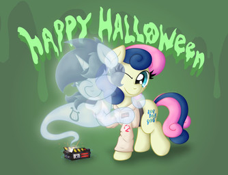 duo female female/female green_background holidays horn hug one_eye_closed simple_background smile background_basset friendship_is_magic ghostbusters halloween hasbro my_little_pony mythology bonbon_(mlp) lyra_heartstrings_(mlp) equid equine ghost horse mammal mythological_creature mythological_equine pony spirit unicorn hi_res