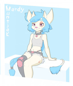 anthro bell bell_collar blue_hair bottomwear braided_hair breasts clothed clothing collar crop_top female fur hair knee_pads long_hair looking_at_viewer markings midriff navel shirt shorts single_stocking sitting small_breasts smile solo spots spotted_body spotted_fur tail text topwear visible_underwear mardymuntjak paizo starfinder_(rpg) alien felid feline felis mammal pahtra 2025 artist_name digital_media_(artwork) english_text hi_res