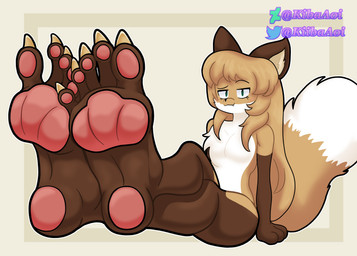 5_toes anthro blonde_hair blush breasts claws feet female foot_fetish foot_focus fur green_eyes hair humanoid_feet nails nude pawpads paws plantigrade small_breasts soles solo tail teeth toes white_body white_fur yellow_body yellow_fur conditional_dnp kibaaoi averi_(fiddleafox) canid canine fox mammal absurd_res hi_res