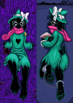 ambiguous_gender anthro bdsm blush bondage bound bracelet cloak clothing cloven_hooves cuff_(restraint) dakimakura dress eyewear fluffy fur glasses hooves jewelry light_bondage looking_at_viewer paws restraints ribbons scarf shackles solo frist44 deltarune undertale_(series) ralsei bovid caprine darkner goat mammal 2018 dakimakura_design hi_res