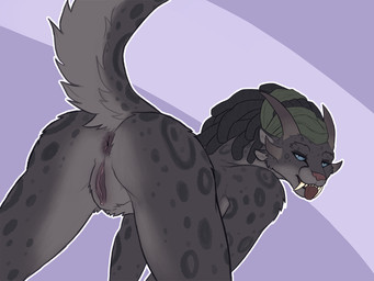 4_ears abstract_background anthro anus bedroom_eyes blue_eyes butt dreadlocks fangs female fur genitals half-closed_eyes horn looking_back markings multi_ear narrowed_eyes no_sclera nude presenting presenting_anus presenting_vulva raised_tail seductive solo spots spotted_body spotted_fur tail teeth tongue tongue_out vulva fuzzikayu guild_wars charr felid mammal 4:3 hi_res