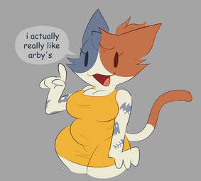 anthro arm_tattoo big_breasts breasts clothed clothed_anthro clothed_female clothing dot_eyes dress female female_anthro fur multicolored_body multicolored_fur open_:3 simple_eyes slightly_chubby slightly_chubby_anthro slightly_chubby_female solo speech_bubble tail tattoo text thick_thighs yellow_clothing yellow_dress bonesawbingus epic_games fortnite cate_meowdy domestic_cat felid feline felis mammal 2026 comic_sans digital_drawing_(artwork) digital_media_(artwork) english_description english_text hi_res