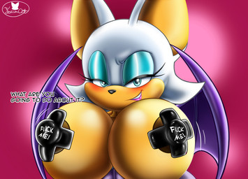 anthro areola areola_slip bedroom_eyes big_breasts breast_jiggle breasts clothed clothing dialogue female huge_breasts jiggling looking_at_viewer membrane_(anatomy) membranous_wings narrowed_eyes nipple_tape pasties seductive smile smiling_at_viewer smirk smirking_at_viewer smug solo talking_to_viewer tape text topless topless_female wings foxium sega sonic_the_hedgehog_(series) rouge_the_bat bat mammal english_text hi_res