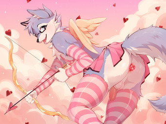 anthro arm_warmers armwear balls blue_body blue_fur bow_(weapon) buttplug clothing eyewear femboy fur genitals glasses heart_symbol legwear male nude nude_anthro nude_male penis pink_clothing pink_legwear pink_thigh_highs plug_(sex_toy) ranged_weapon sex_toy sky solo tail thigh_highs weapon white_body white_fur fumiko cupid canid canine canis mammal wolf