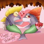 anthro blonde_hair blush box_of_chocolates candy chocolate clothing dessert duo embarrassed fin food grey_body hair heart_symbol holidays male male/male overalls red_hair oisii_osyake nintendo splatoon valentine's_day drizzler_(splatoon) fish marine salmonid_(splatoon) steel_eel_driver 1:1 hi_res