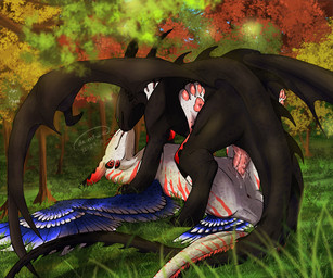anus back_spikes big_wings black_body black_horn black_spikes blue_wings bodily_fluids claws cum cum_dripping_from_pussy cum_in_vagina cum_inside cum_on_penis cum_on_vulva detailed_background digitigrade duo erection facing_each_other feathered_wings feathers female feral feral_on_feral feral_penetrated feral_penetrating feral_penetrating_feral forest forest_background from_front_position genital_fluids genitals grass hand_on_neck horn legs_up long_tail looking_at_another looking_at_partner lying male male/female membrane_(anatomy) membranous_wings missionary_position multicolored_body nature nature_background nuzzling on_back on_grass on_ground pawpads paws penetration penile penile_penetration penis penis_in_vagina pink_pawpads plant quadruped raised_paw red_stripes ridged_penis sex spiked_tail spikes spikes_(anatomy) spread_legs spreading stripes tail tree vaginal vaginal_penetration white_body wing_claws wings moonski dreamworks european_mythology how_to_train_your_dragon mythology corvus_(mizat11) danie_(moonski) dragon fury_(httyd) mythological_creature mythological_scalie night_fury scalie western_dragon 2018 6:5 dated digital_media_(artwork) shaded signature