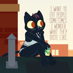 anthro beverage beverage_can biped black_body bra breasts clothing dialogue female hand_on_chin holding_beverage holding_object looking_aside orange_eyes outside panties paws quote red_eyes rooftop side_boob sitting solo sports_bra text thinking thoughtful_expression underwear whiskers yellow_sclera dm29 night_in_the_woods mae_borowski domestic_cat felid feline felis mammal 1:1 digital_media_(artwork) english_text full-length_portrait portrait restricted_palette signature