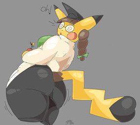 anthro big_butt black_bottomwear black_clothing black_ears black_pants black_tail blush blush_stickers bottomwear breasts brown_hair butt clothing coat cosplay_pikachu_(costume) dipstick_ears ear_markings eyewear female fur glasses green_clothing green_shirt green_topwear hair huge_butt lab_coat long_ears long_tail multicolored_ears pants pigtails rear_view red_cheeks round_glasses shirt spiral_glasses tail thick_thighs topwear two_tone_ears two_tone_tail yellow_body yellow_ears yellow_fur yellow_tail jurynav nintendo pokemon cosplay_pikachu_(character) pikachu_ph._d bellsprout generation_1_pokemon pikachu pokemon_(species) hi_res
