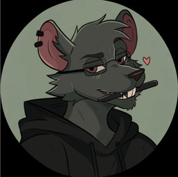 anthro black_border blush border brown_eyes clothing ear_piercing eyebrows eyewear fur glasses grey_body grey_fur grey_hair hair heart_symbol hoodie looking_at_viewer male pen piercing pink_inner_ear raised_eyebrow simple_background solo teeth topwear wearing_glasses nex_cub mammal murid murine rat rodent bust_portrait portrait