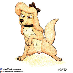 3_toes animal_genitalia animal_vulva bodily_fluids brown_body brown_fur canine_genitalia canine_vulva claws collar duo feet female feral fur genital_fluids genitals looking_at_viewer patreon_logo patreon_username pink_vulva smile smiling_at_viewer solo spread_legs spreading text toes vaginal_fluids vulva yordraw disney patreon the_fox_and_the_hound the_fox_and_the_hound_2 dixie_(tfath) canid canine canis domestic_dog mammal 1:1 hi_res traditional_media_(artwork) url