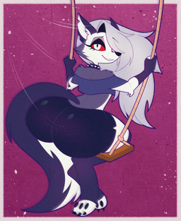 abstract_background anthro big_butt black_bottomwear black_clothing black_eyeshadow black_gloves black_handwear black_legwear black_shorts black_stockings border bottom_heavy bottomwear bubble_butt butt clothed clothing collar crop_top eyelashes eyeshadow feet female fingerless_gloves fluffy fluffy_tail fur gloves grey_body grey_clothing grey_crop_top grey_fur grey_hair grey_shirt grey_topwear hair hair_over_eye handwear hindpaw huge_butt huge_hips huge_thighs legwear long_hair long_tail looking_at_viewer looking_back looking_back_at_viewer makeup midriff multicolored_body multicolored_fur off_shoulder paws red_sclera shirt shorts smile snout solo spiked_collar spikes stockings swing tail thick_thighs topwear two_tone_body two_tone_fur white_body white_border white_eyes white_fur wide_hipped_anthro wide_hipped_female wide_hips tonyneely hellaverse helluva_boss mythology loona_(helluva_boss) canid canid_demon canine demon hellhound mammal mythological_canine mythological_creature 2025 absurd_res digital_drawing_(artwork) digital_media_(artwork) hi_res