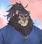 anthro asian_clothing brown_body brown_fur clothing east_asian_clothing fur hair japanese_clothing kimono long_hair male mane ponytail scar smile snaggle_tooth solo rossciaco lifewonders live_a_hero toshu felid lion mammal pantherine