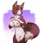 anthro border_collie bottomless breasts brown_body brown_fur canid canine canis cheek_tuft chest_tuft claire_(vouivre01) clothed clothing collie dipstick_tail domestic_dog facial_tuft female fluffy fluffy_tail front_view fur genitals herding_dog hi_res hihikori mammal markings nipples pastoral_dog pussy sheepdog shirt shirt_only smile solo standing tail tail_markings tank_top tank_top_lift tank_top_only topwear topwear_only tuft white_body white_fur