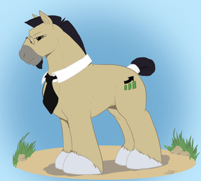 black_necktie blue_background brown_eyes eyewear feral frown fur glasses grass hooves male necktie plant rock round_glasses simple_background solo standing tan_body tan_fur wearing_glasses pandottermon hasbro my_little_pony boss_hoss_(pandottermon) fan_character equid equine horse mammal 2026 colored