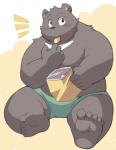 anthro belly biped black_body black_fur blush bottomwear clothing eating food fur humanoid_hands male overweight overweight_anthro overweight_male shorts sitting solo ayame42612 bear mammal 2014