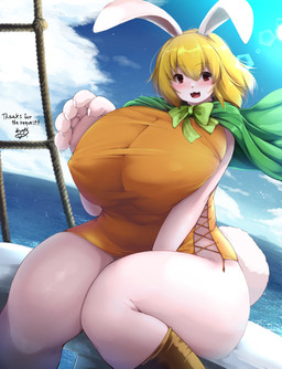 anthro big_breasts blonde_hair blush breasts cape claws clothing cloud day dress dutch_angle eyelashes female female_anthro fur glistening glistening_hair green_cape green_clothing hair huge_breasts huge_thighs looking_at_viewer nipple_outline open_:3 orange_clothing orange_dress pink_nose red_eyes sea ship short_hair side-tie_clothing sitting sky smile solo sun thick_thighs vehicle water watercraft white_body white_claws white_fur wide_hips ginzake_(mizuumi) one_piece carrot_(one_piece) lagomorph leporid mammal rabbit hi_res
