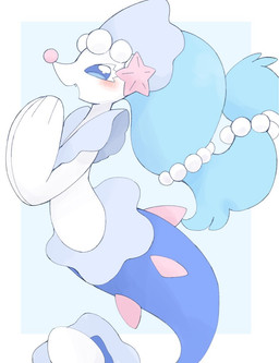 ambiguous_gender anthro blue_eyes blue_hair blush blush_lines eyelashes fangs gem hair looking_at_viewer mermaid_tail pearl_(gem) simple_background solo split_form starfish_(accessory) tail teeth white_body iyraiman nintendo pokemon aquatic asterozoan echinoderm generation_7_pokemon pokemon_(species) primarina starfish 2025