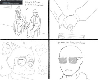 anthro bald blush bone_frill camera claws clothing dialogue duo eyewear finger_claws frill_(anatomy) glasses hand_holding jacket long_tail male profanity sitting spiked_tail spikes spikes_(anatomy) sunglasses tail text topwear ratherdevious 4chan cavemanon_studios i_wani_hug_that_gator benjamin_mcknight inco_(iwhtg) dinosaur hadrosaurid human mammal ornithischian ornithopod parasaurolophus prehistoric_species reptile scalie 2024 comic english_text hi_res monochrome