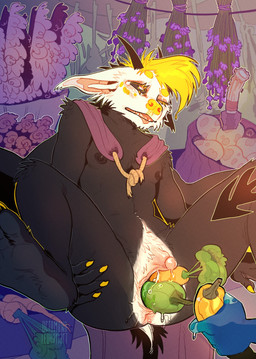 andromorph andromorph_anthro anthro anus big_clitoris black_horn black_nipples blonde_hair bodily_fluids clitoris disembodied_hand duo erect_clitoris fangs feet food food_fetish food_in_pussy food_insertion food_play foot_grab front_view fur genital_fluids genitals grey_body grey_fur grey_sclera hair horn improvised_sex_toy intersex intersex_anthro nipples nude one_eye_closed open_mouth penetration pink_anus pink_clitoris pink_tongue slim_andromorph slim_anthro solo_focus spread_legs spreading teeth tongue vaginal vaginal_fluids vaginal_penetration white_eyes 0ct0m0n0 leohariart bat mammal hi_res