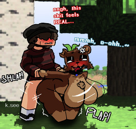 accessory ambiguous_penetration anthro beanie big_breasts big_butt blush bodily_fluids bouncing_breasts breasts butt clothing cross-eyed curly_hair drooling featureless_breasts female flower flower_in_hair grass hair hair_accessory hat headgear headwear male male/female onomatopoeia outside outside_sex penetration plant plushie plushophilia profanity red_eyes saliva screencap screencap_background sex sound_effects square_(anatomy) square_head teddy_bear text thick_thighs yuckyalternate microsoft minecraft mojang xbox_game_studios bia_(slipperyt) ralph_(yuckyalternate) human mammal 2023 aliasing digital_media_(artwork) english_text
