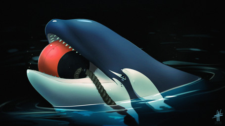 ambiguous_feral ambiguous_gender ball black_body blue_eyes blue_markings buoy feral logo markings mouth_hold night object_in_mouth open_mouth outside partially_submerged rope solo teeth water white_body year wesphin bekuta_(wesphin) aquatic cetacean dolphin mammal oceanic_dolphin orca toothed_whale 2023 artist_logo dated hi_res male_(lore)