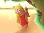 anthro antlers bikini_skirt blonde_hair blue_eyes blush brown_body brown_fur buckteeth clothed clothing day detailed_background female fur gesture hair hand_gesture horn lake long_hair looking_at_viewer outside partially_submerged plant red_nose red_one-piece_swimsuit smile solo teeth tree v_sign water wet wet_body wet_hair young young_anthro young_female bingbingo_(artist) deltarune undertale_(series) noelle_holiday deer mammal new_world_deer reindeer hi_res